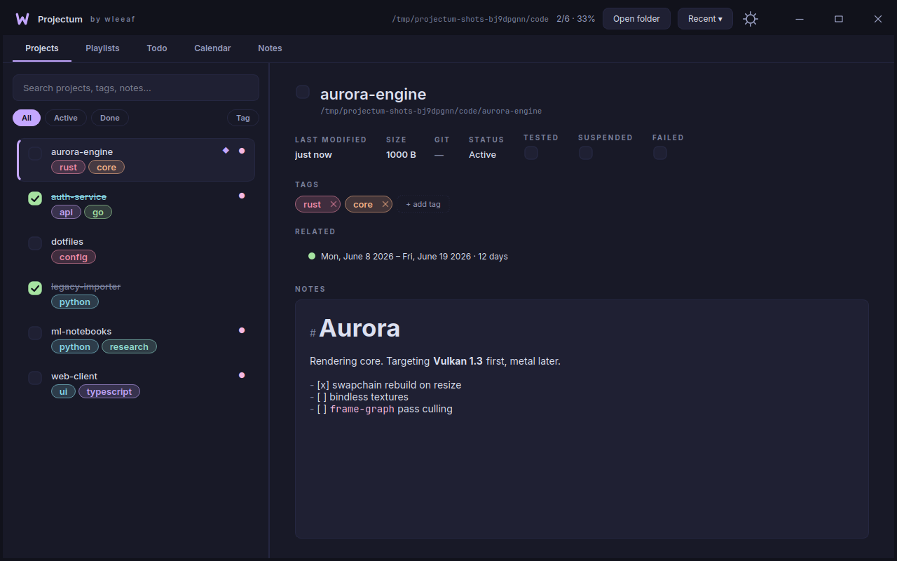 Projectum's projects view in the dark theme: a sidebar of tagged projects and a detail panel with live Markdown notes