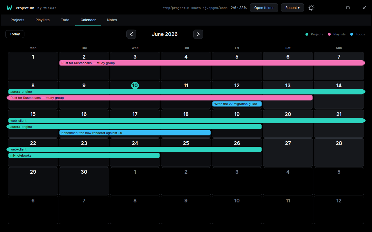 The calendar in the Midnight theme: project and playlist spans drawn as bars across June