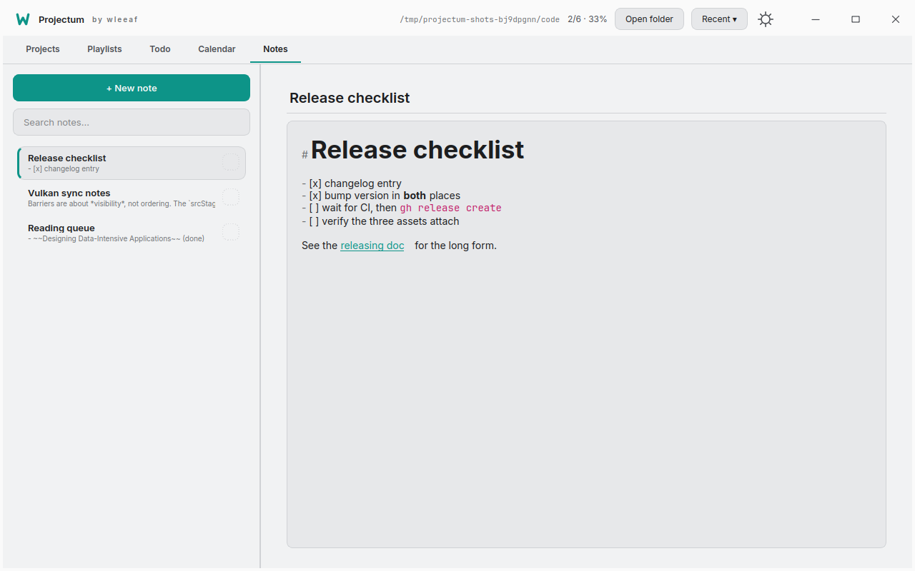 The Notes tab in the Paper light theme, showing a live-rendered Markdown checklist